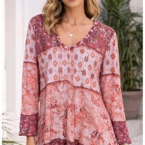 David Cline XL Mixed Print Crushed Crinkle Tunic Top